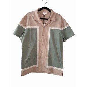 Reiss Noble Colorblock Cuban Collar Button-Up Shirt Mens M Taupe Sage